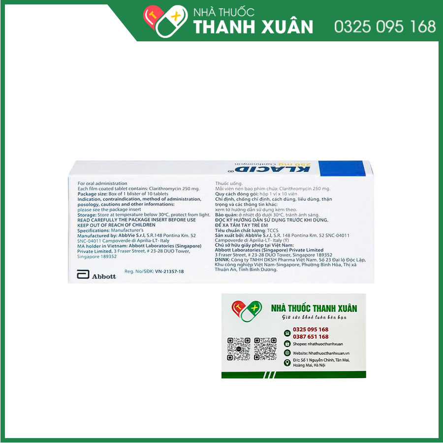 Klacid 250mg điều trị nhiễm khuẩn hô hấp, nhiễm trùng tiết niệu, da hoặc mô mềm